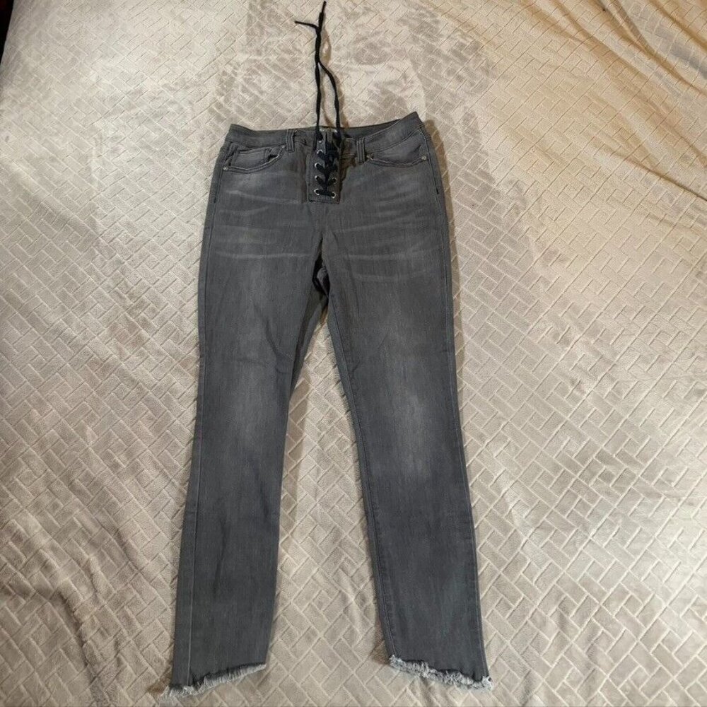 Project Runway Womens 10 Jeans Gray Skinny Crop Fray Lace Up High Rise Stretch